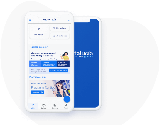 Diseño de aplicación móvil Santalucía Seguros, mostrando interfaz y funcionalidades para clientes en su área privada.