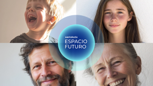 Santalucía Impulsa Logo Santalucía Espacio Futuro sobre fondo con varias personas, innovación y futuro digital